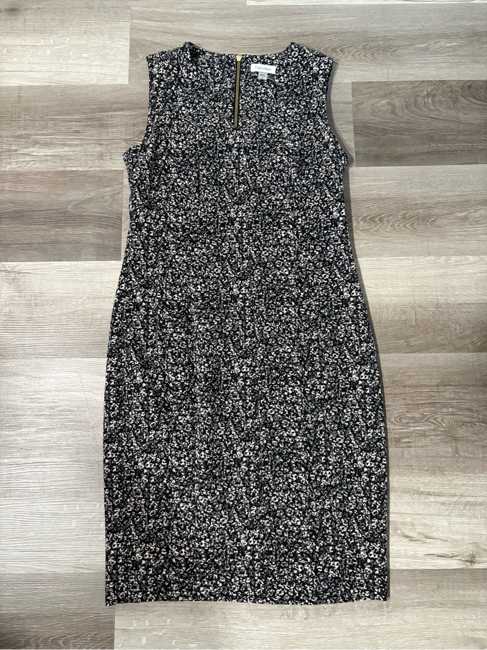 Calvin Klein Sleeveless Black Floral Sheath Dress with Front Zip